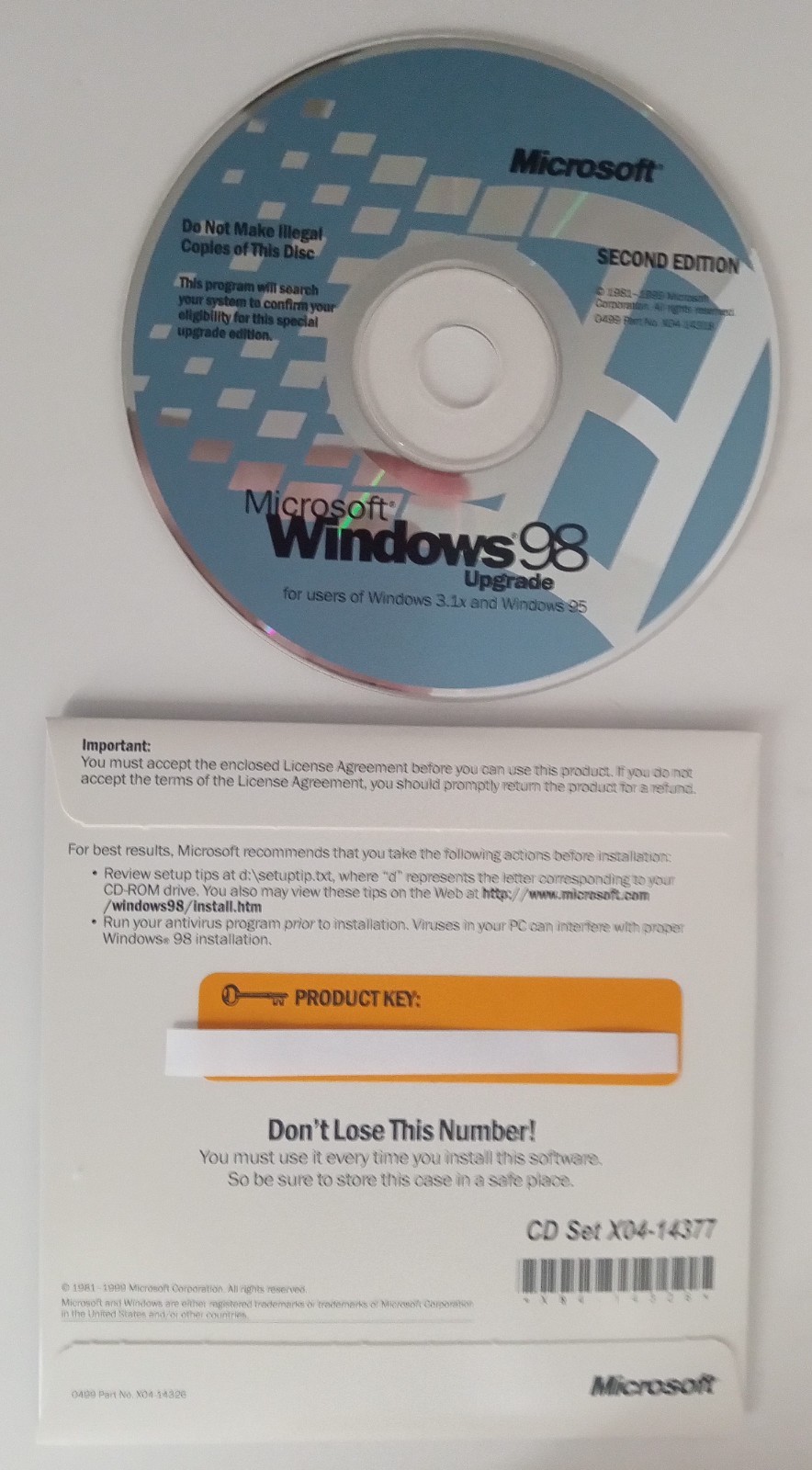 Microsoft Windows 98 Upgrade - Second Edition Installation Software With Key.