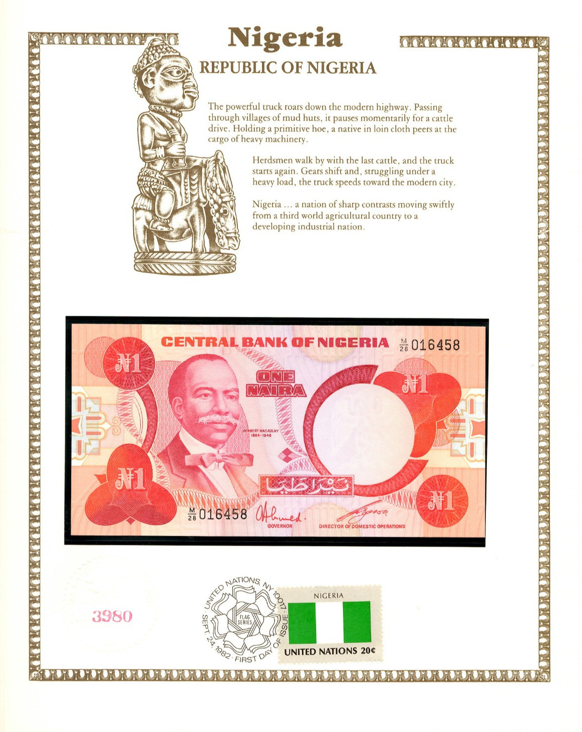 Nigeria 1 Naira 1979 P-19c UNC w/ FDI UN FLAG STAMP M/28 016458