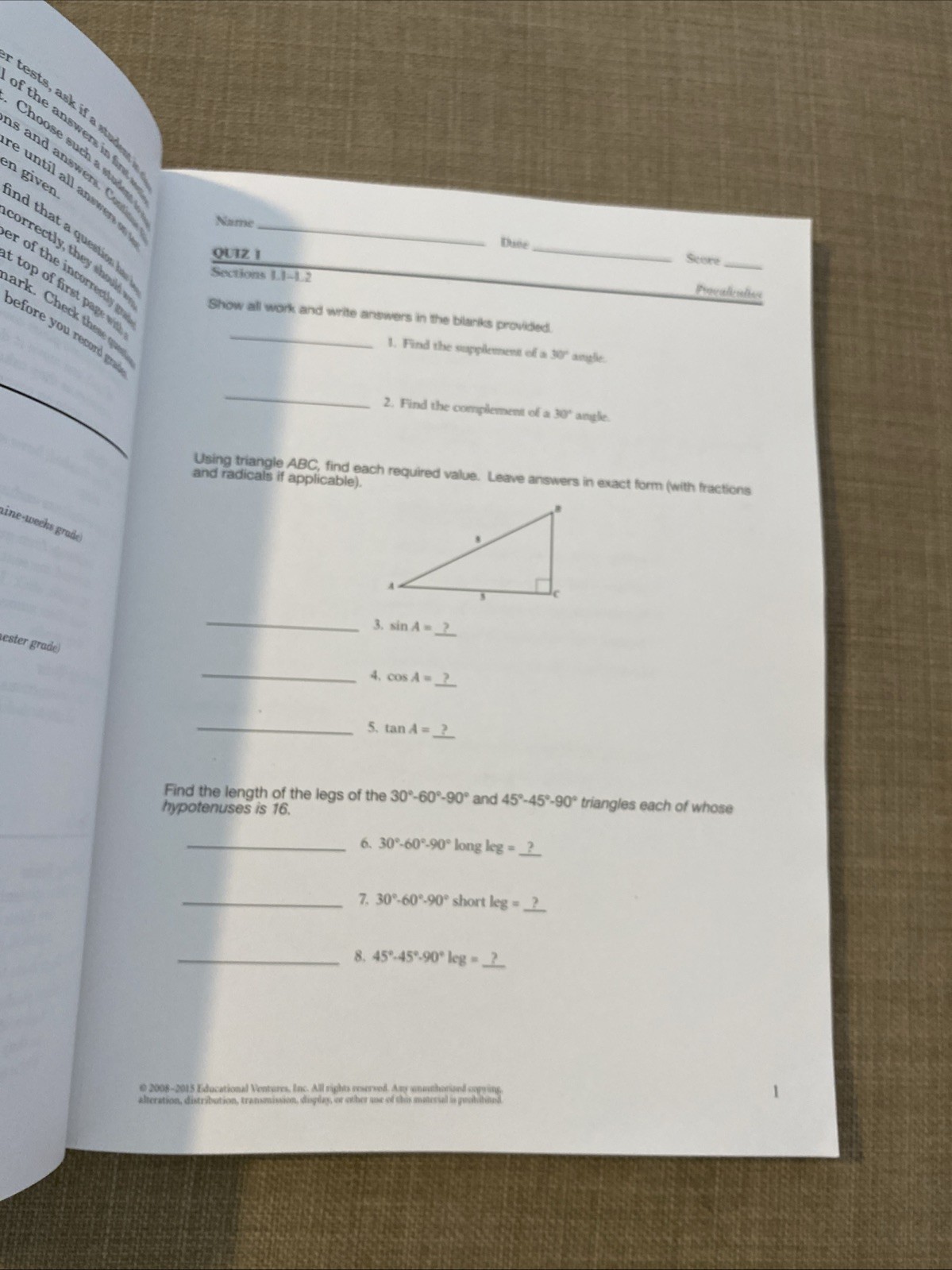 ABeka 12th grade Precalculus Student Quizzes/Tests No Writing