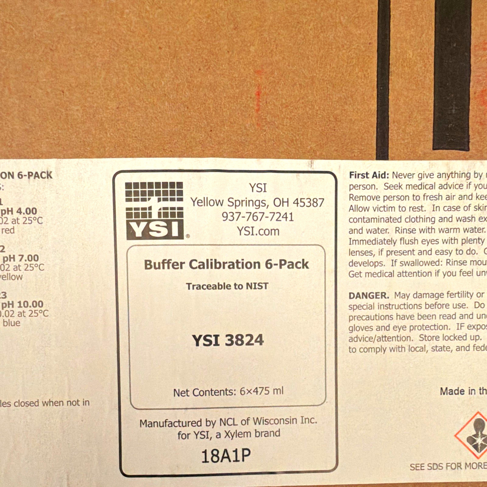 YSI 3824 Buffer Calibration Solution NIST Traceable 6 x 475 mL