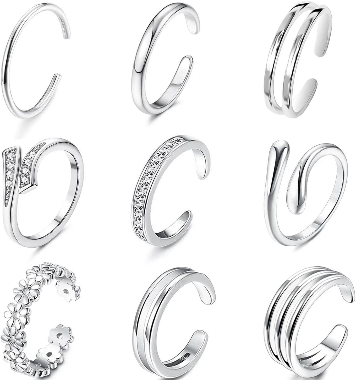 9Pcs 14K Gold Filled Toe Rings for Women Non Tarnish Adjustable Gold CZ Flower H