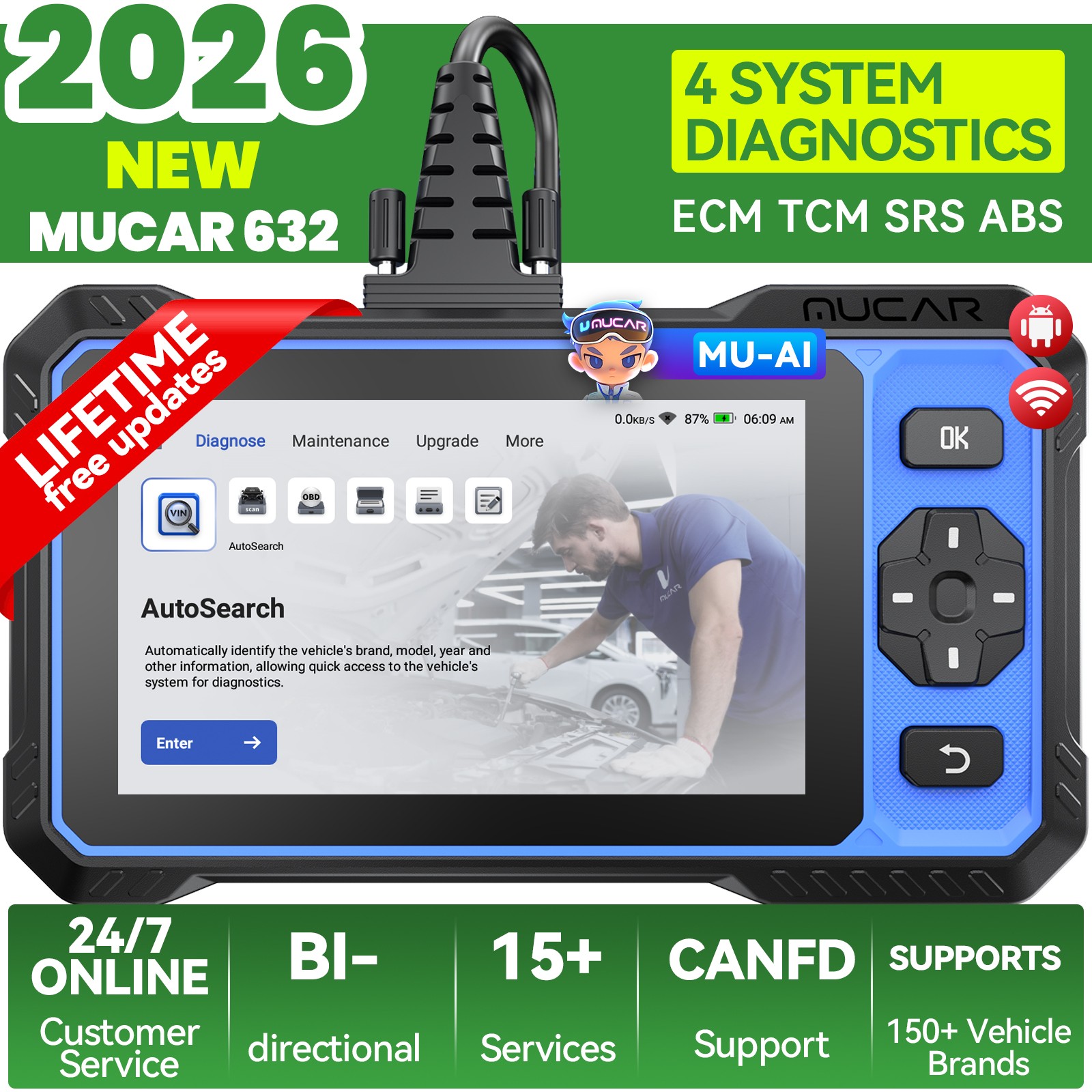 MUCAR 632 NEW OBD2 Diagnostic Tool Car Scanner TPMS SAS ABS ECM Bidirectional