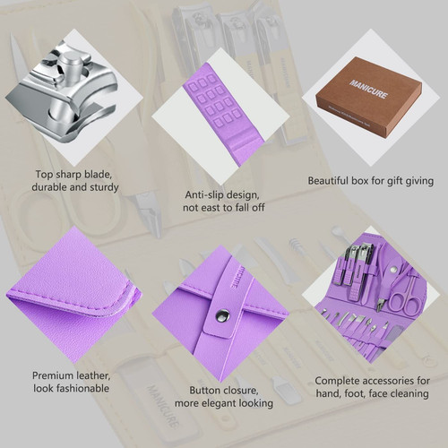Manicure Set Professional Nail Clippers Pedicure Kit, 16 pcs Stainless Violet
