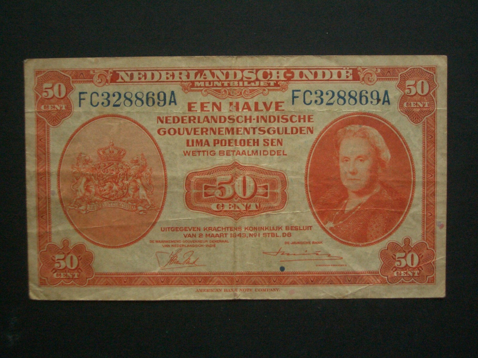 **** Crisp 1943 50 Cents 'NVF' Netherlands-Indie(INDONESIA)  Banknote***