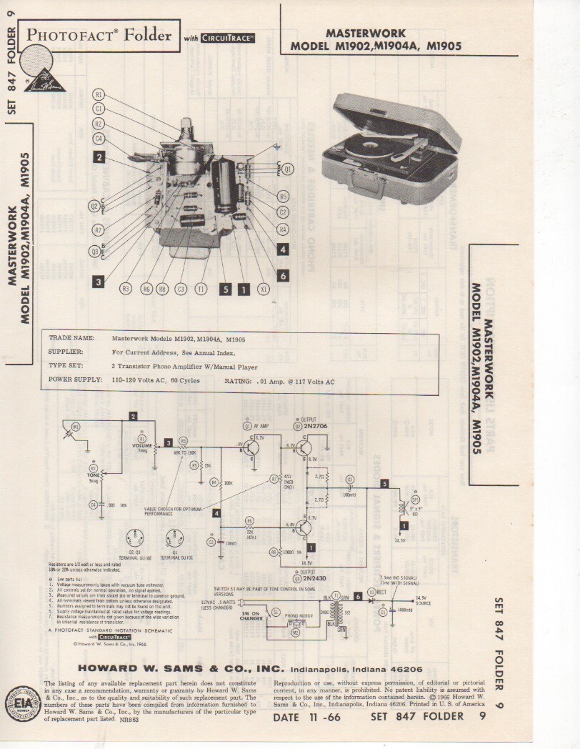 1966 MASTERWORK M1902 RECORD PLAYER AMPLIFIER SERVICE MANUAL PHOTOFACT M1904A ++