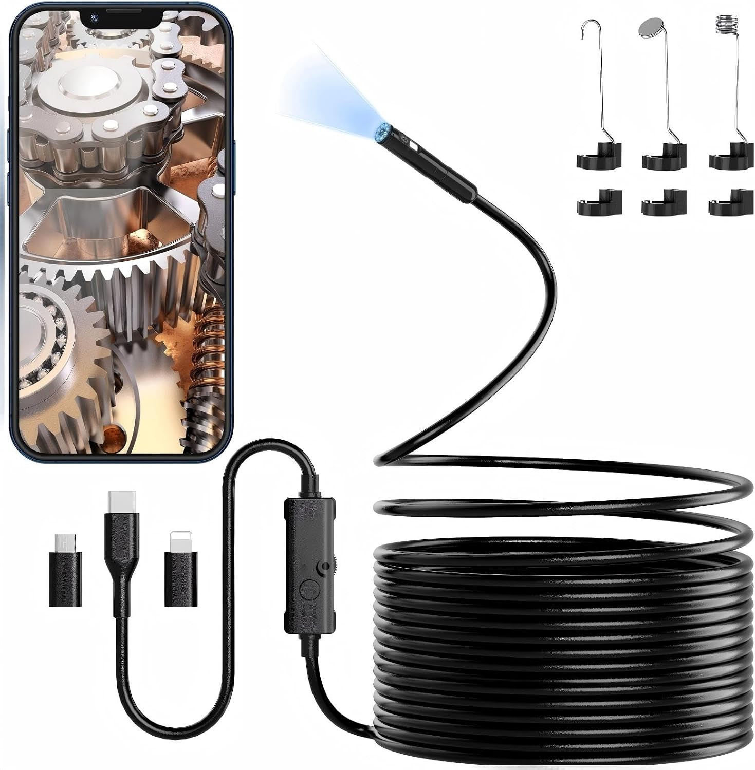 Endoscope Camera with Light, 1920P HD Borescope with 8 Adjustable LED Lights