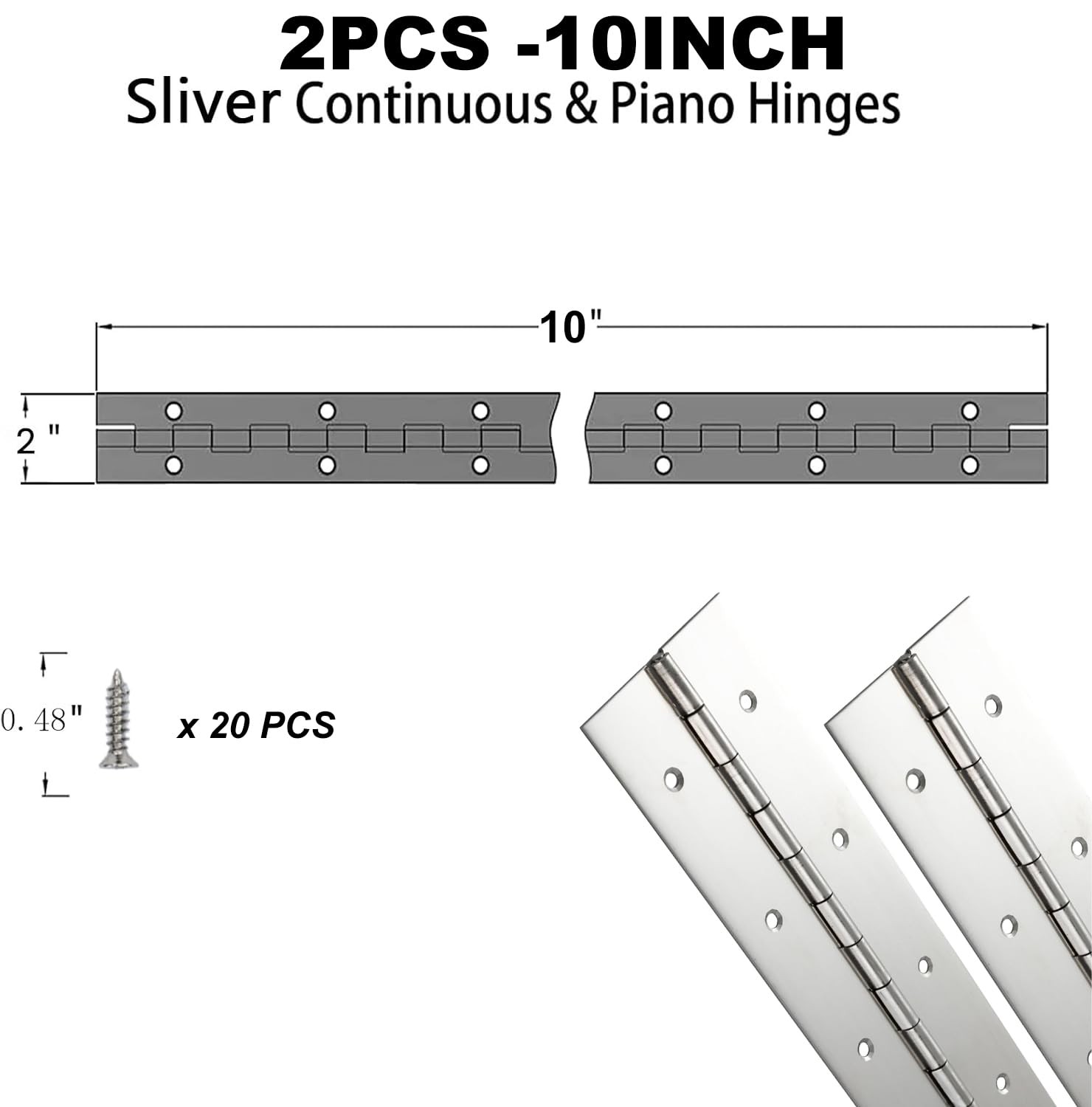 2Pack Silver Continuous & Piano Hinges 10 Inch x2 OpenWidth Heavy Duty with Hole