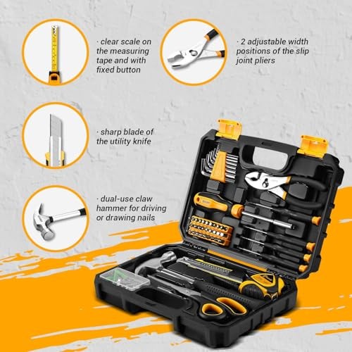 General Household Hand Tool Kit with Plastic Toolbox Storage Case, All 50PCS