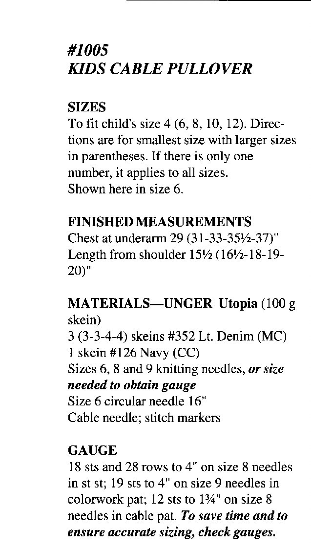 Unger Knitting Pattern 1005 Utopia Kids Cable Pullover - Child 4-12