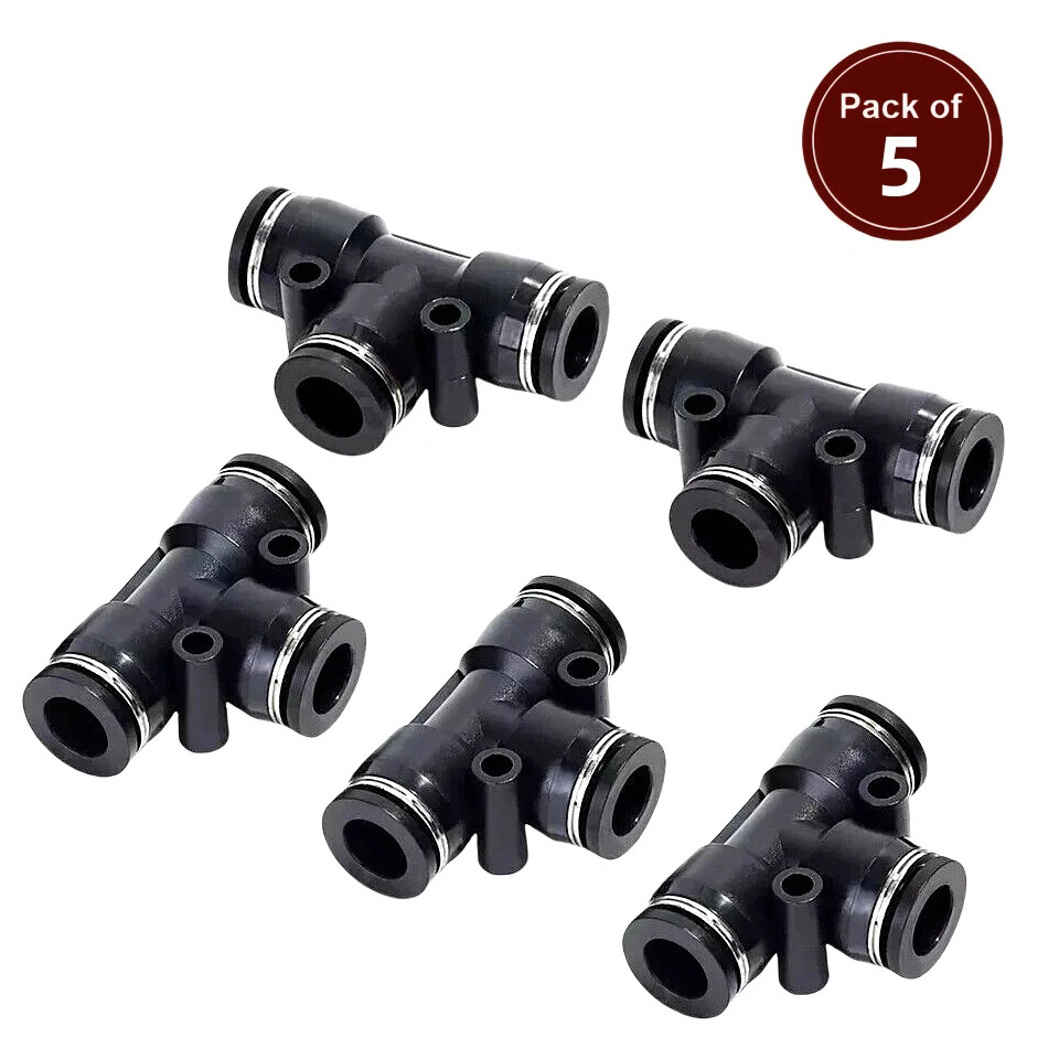 Push To Connect Hose Fittings Tee Union For 1/2" OD Air Line Tubing Black 5Pcs