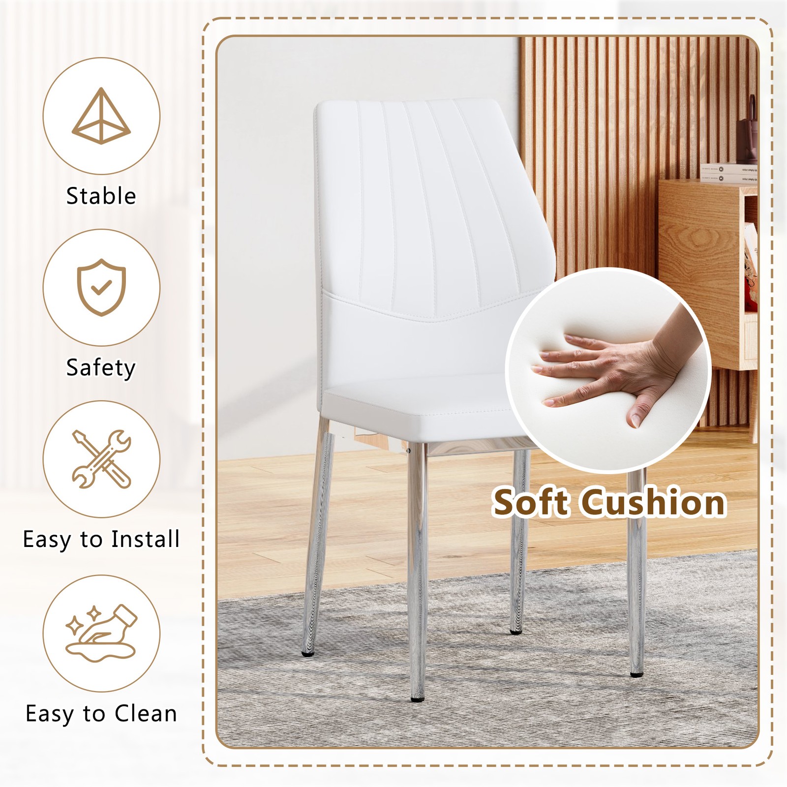 Set of 4 Silver White Dining Chairs, 37" High PU Backrest Ergonomic