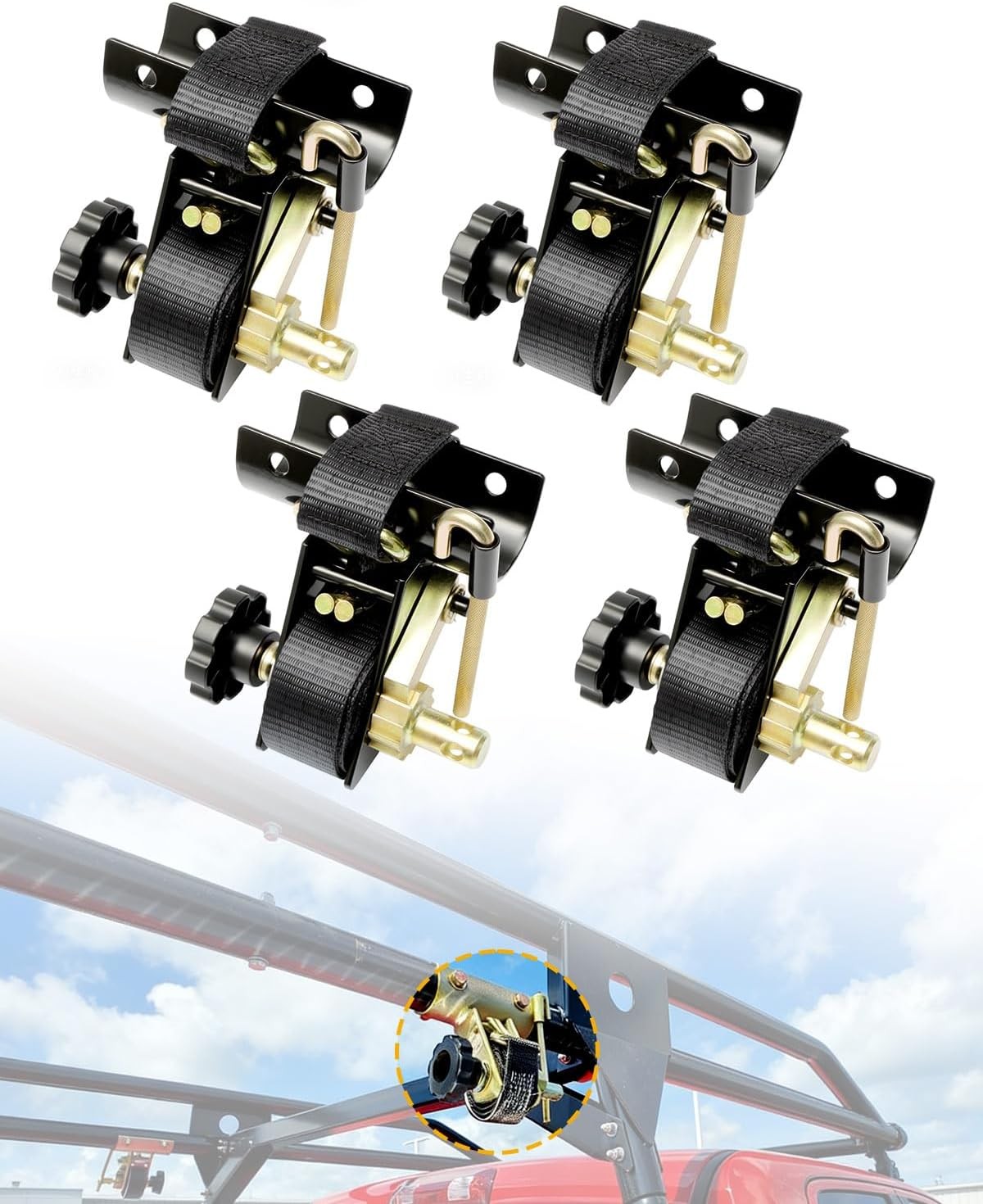 4Pcs 1.5" x 7.5' Ladder Rack Ratchet Straps w/ J-Hook Retractable Ratchet Tie