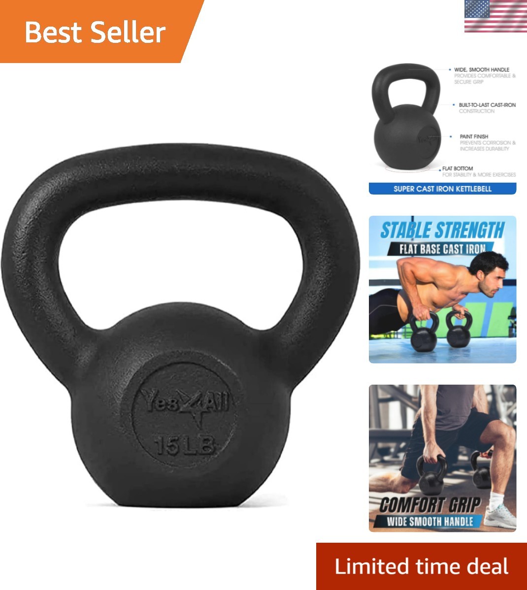 Durable 15 Lbs Black Cast Iron Kettlebell - Strength & Cardio Exercise Essential
