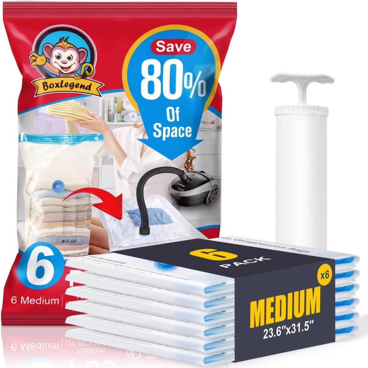 Transparent Compression Bags with Pump - 6 Medium Storage Solutions for Clothing
