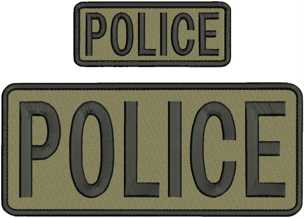 POLICE EMBROIDERY PATCH 10X4 AND 5X2 HOOK ON BACK BLACK ON COYOTE TAN