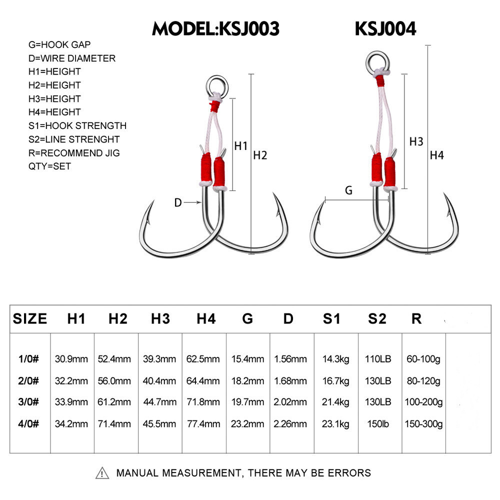 6 Pairs High Carbon Steel Assist Fishing Hook Jig Bait Lead Hook 1/0-4/0
