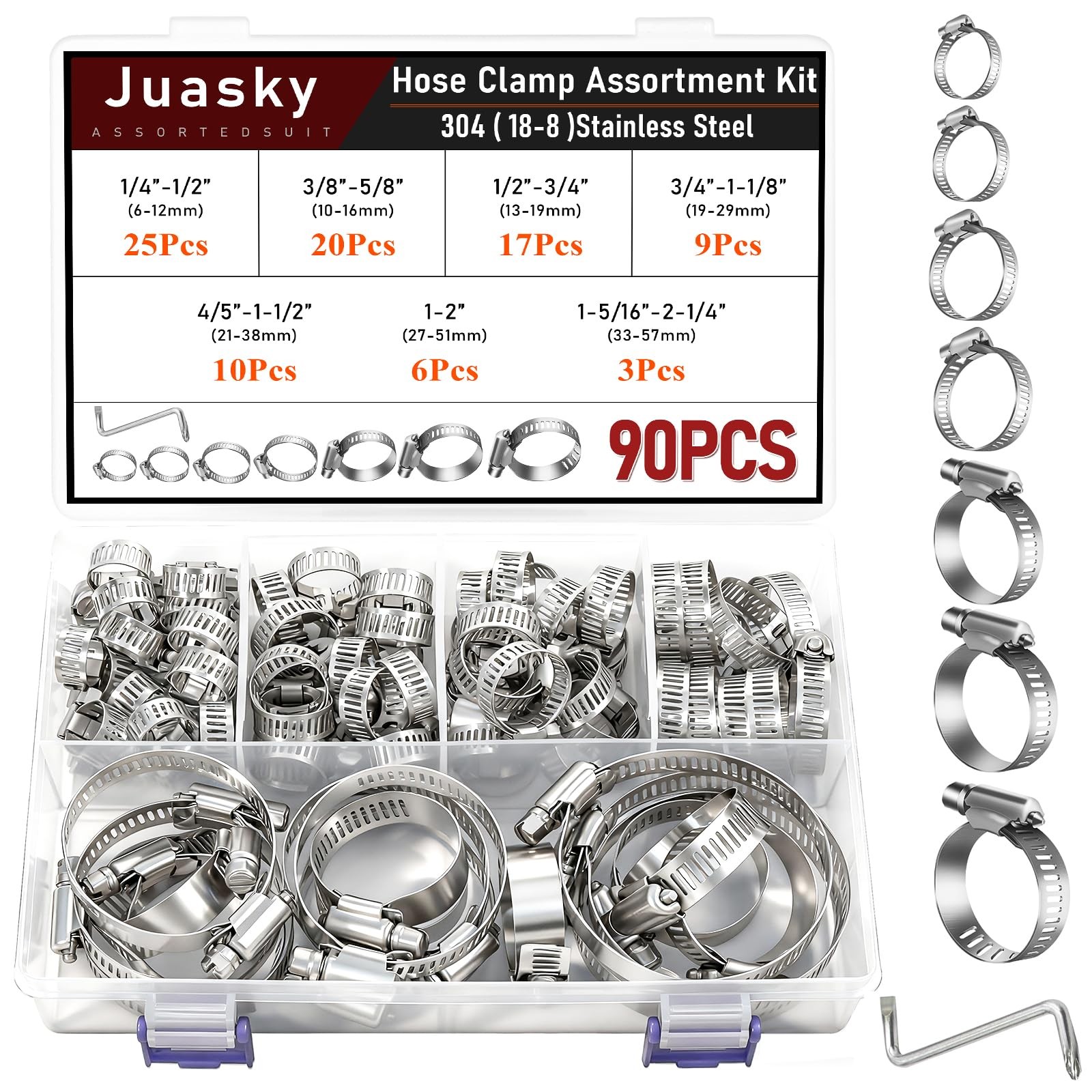 Hose Clamp Assortment Kit - 90pcs Stainless Steel Clamps for Plumbing & Fuel