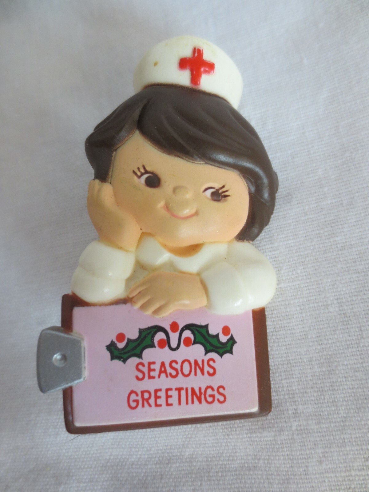 Vintage Enesco  Nurse "Seasons Greetings" Brooch Pin 1983