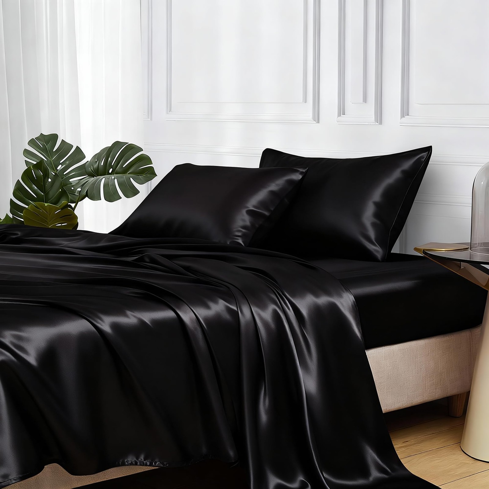 Queen Satin Bed Sheets Set - 4 Pcs Silky Bedding with Deep Pocket Straps