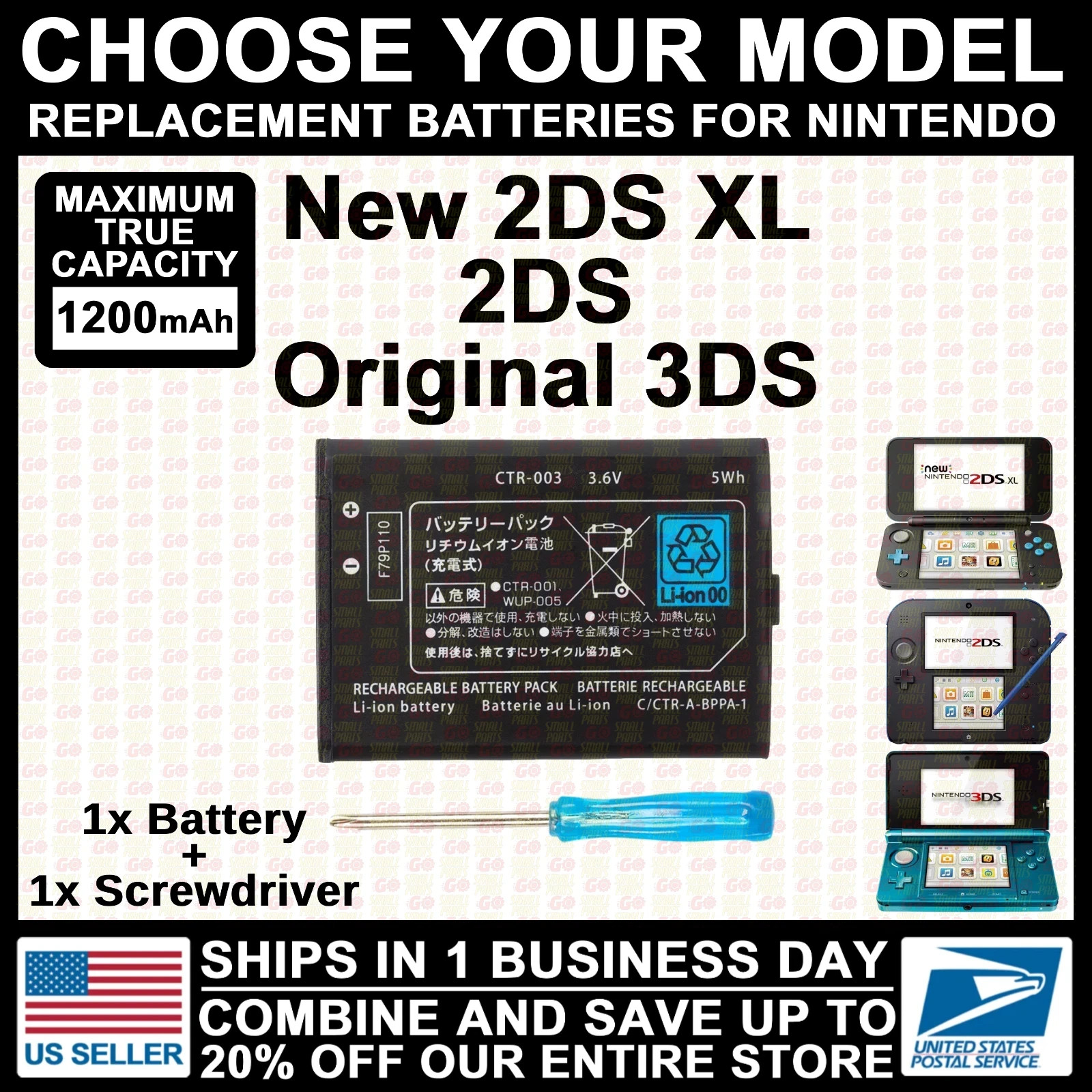 Replacement Rechargeable Battery for Nintendo New 2DS XL/2DS/Original 3DS