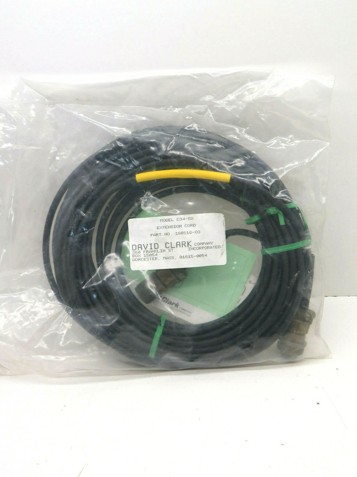 David Clark C34-50 Part 16851G-03 Headset Extension Cord Assembly 50Ft