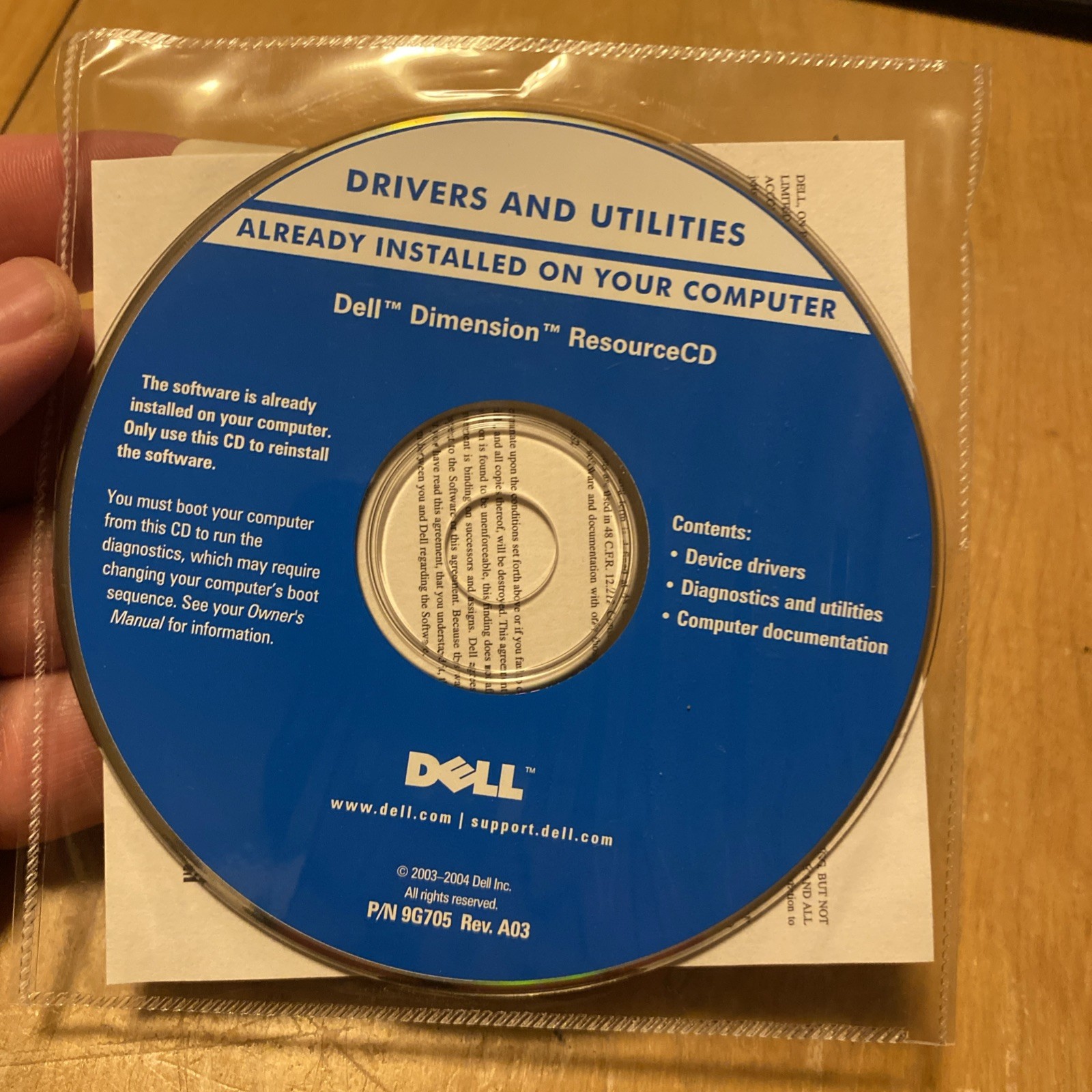 Dell Drivers and Utilities Dimension Resource CD P/N 9G705 – OEM Disc Only
