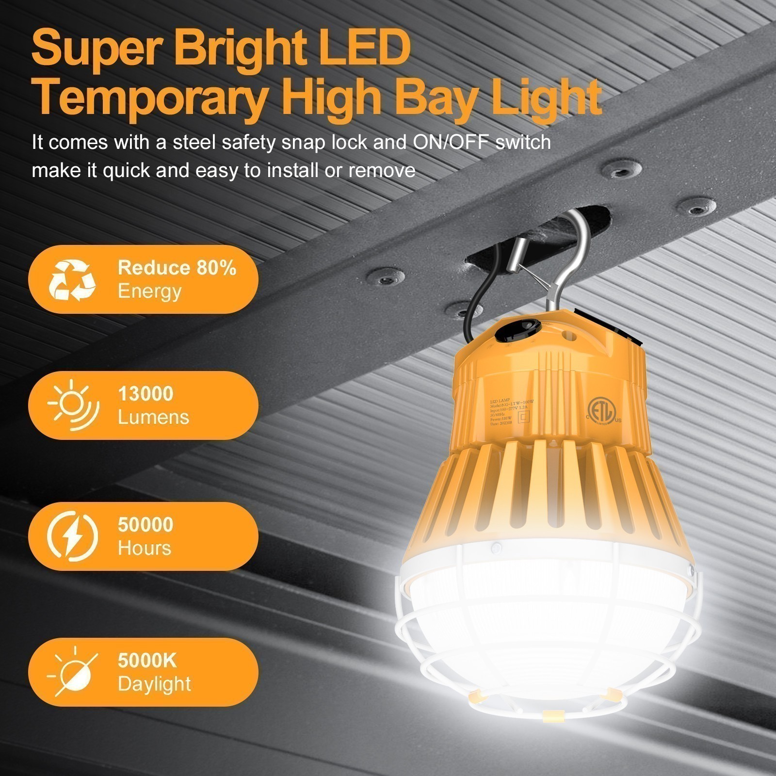 100W LED Temporary Work Light Linkable Construction Lamp with ON/Off Switch&Hook