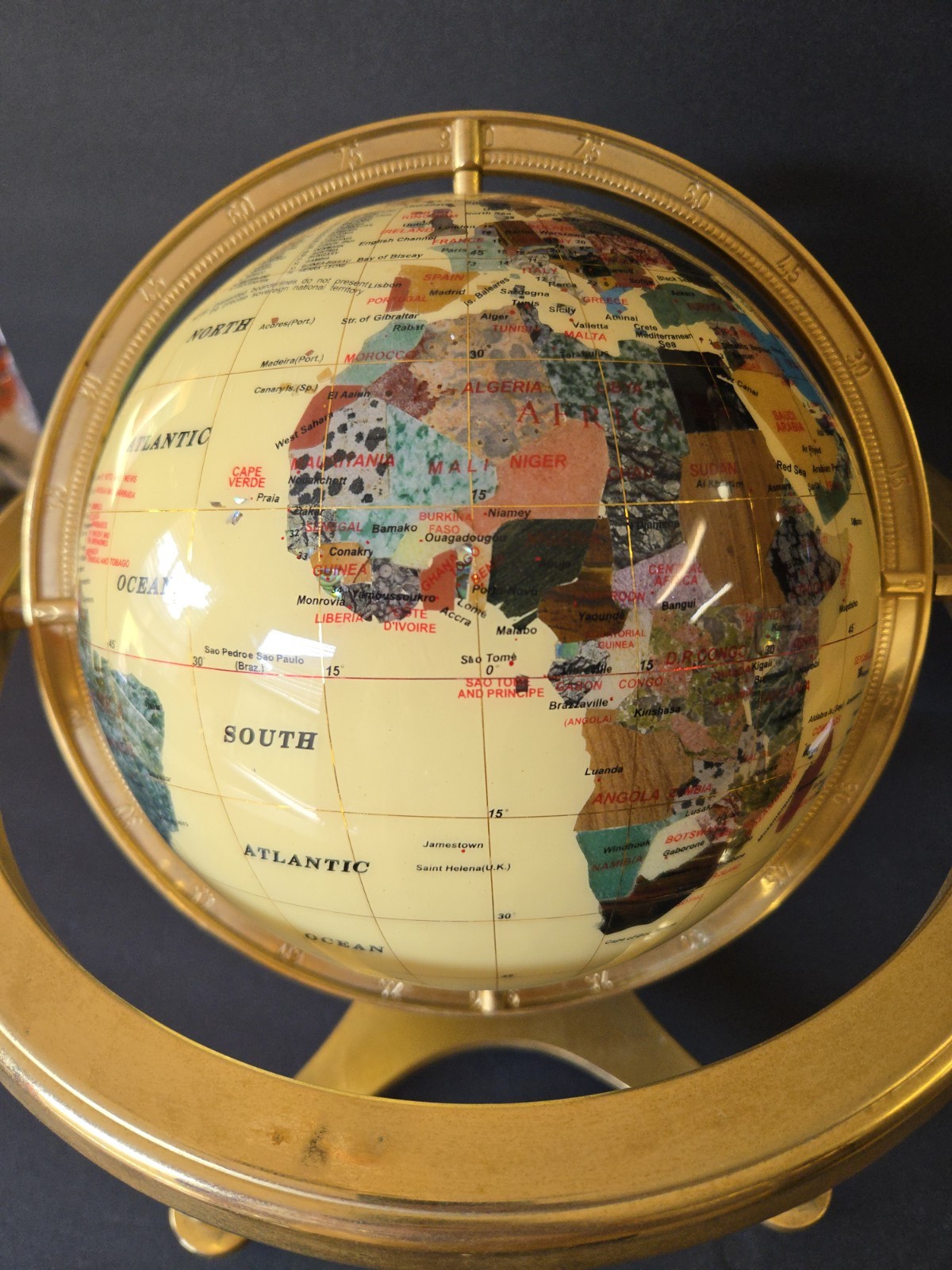 Vintage Semi Precious 15” Stone Mother Of Pearl Inlay Desktop Globe Brass Stand