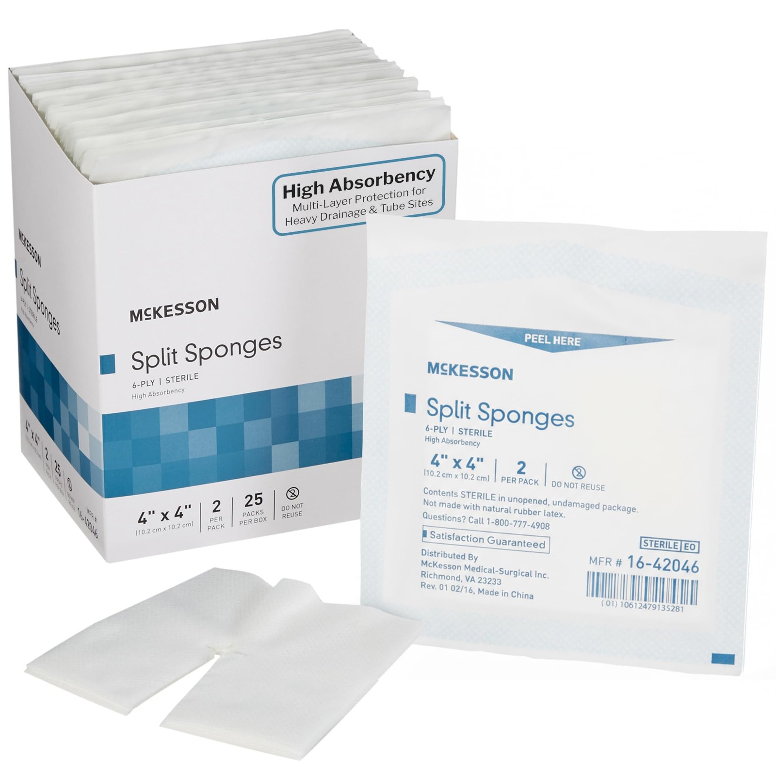 McKesson Split Sponges High Absorbency, 6-Ply Sterile, I.V. and Tracheostomy