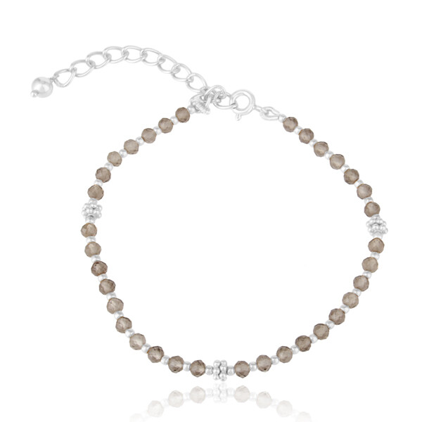 Smoky Quartz Gemstone Beaded Bracelet Sterling Fine Silver Handmade Jewelry