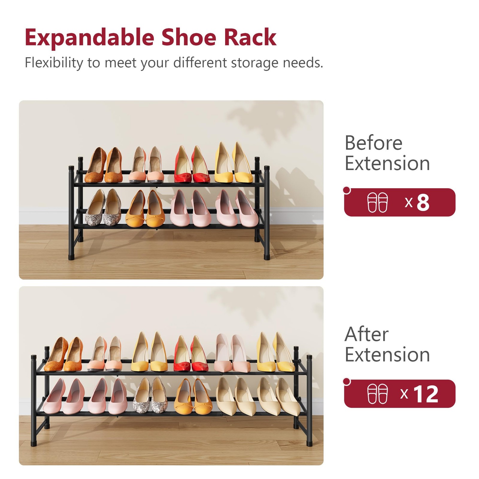 Expandable Shoe Rack for Closet 2 Tier, 28“-41“ Adjustable & Stackable Shoe S...