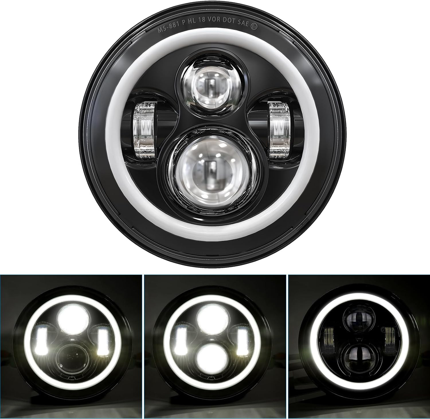 DOT 7 Inch Halo LED Headlight 7" Headlamp with White Halo for Electra Glide Stre
