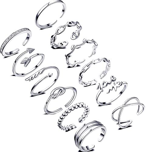 12PCS Rings for Women Adjustable Rings Arrow Knot Wave Cute Star Silver 12pcs