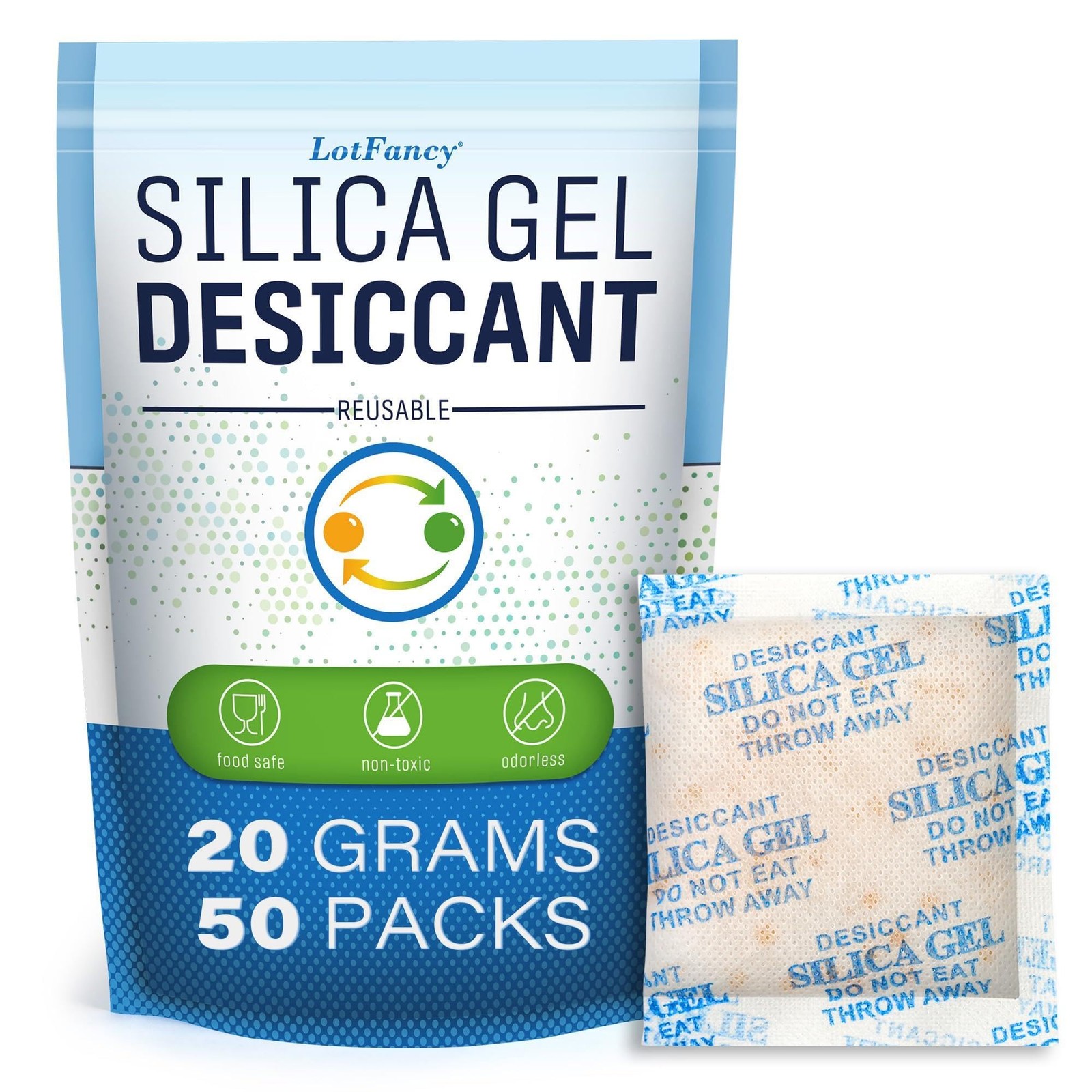 LotFancy Silica Gel Packets 20 Gram 50 Pack, Color 20 Gram-50 Packs