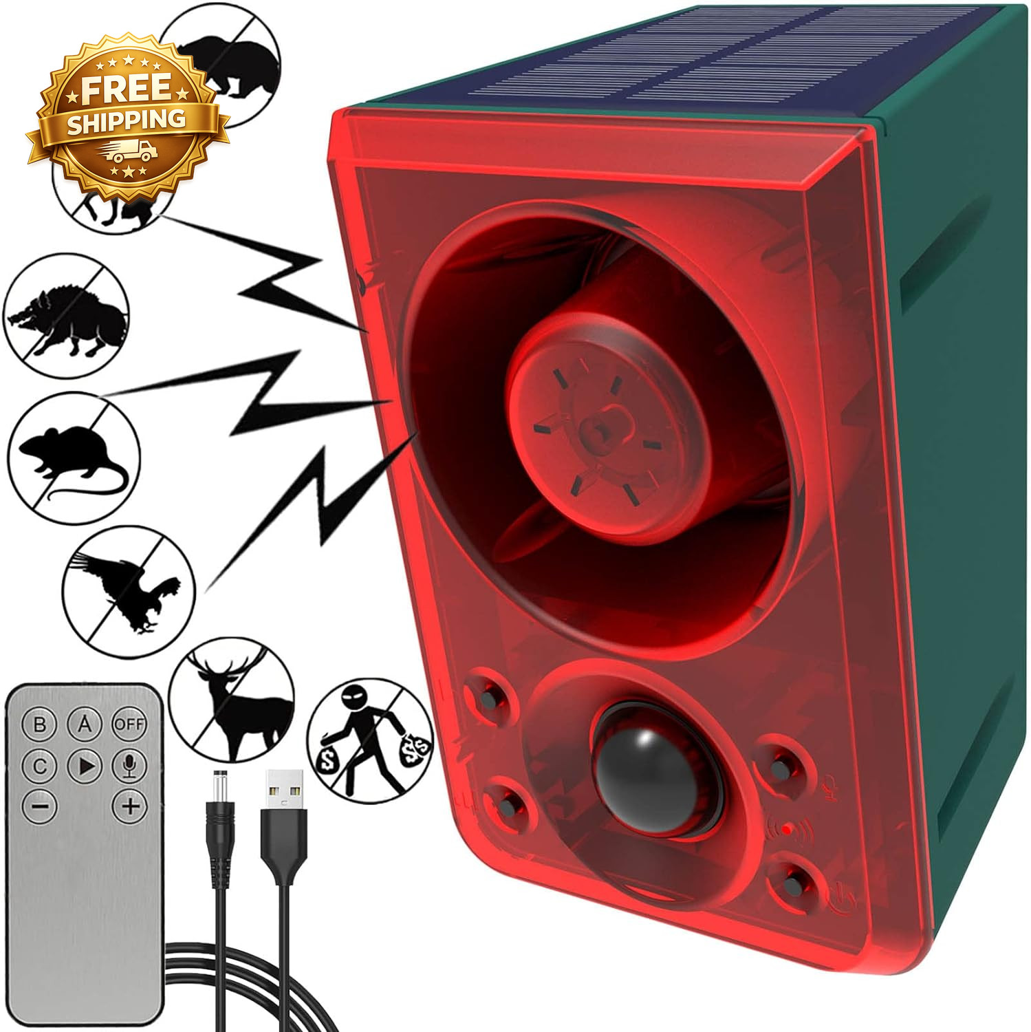 Solar Outdoor Motion Sensor Alarm Dog Barking & Gunshot Sound 130Db Motion Detec