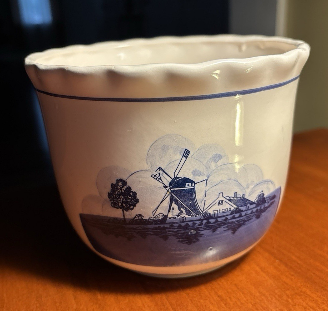 Vtg Delft Style Blue & White Planter Dutch Windmill /Sailing Ship Taiwan 1960's.