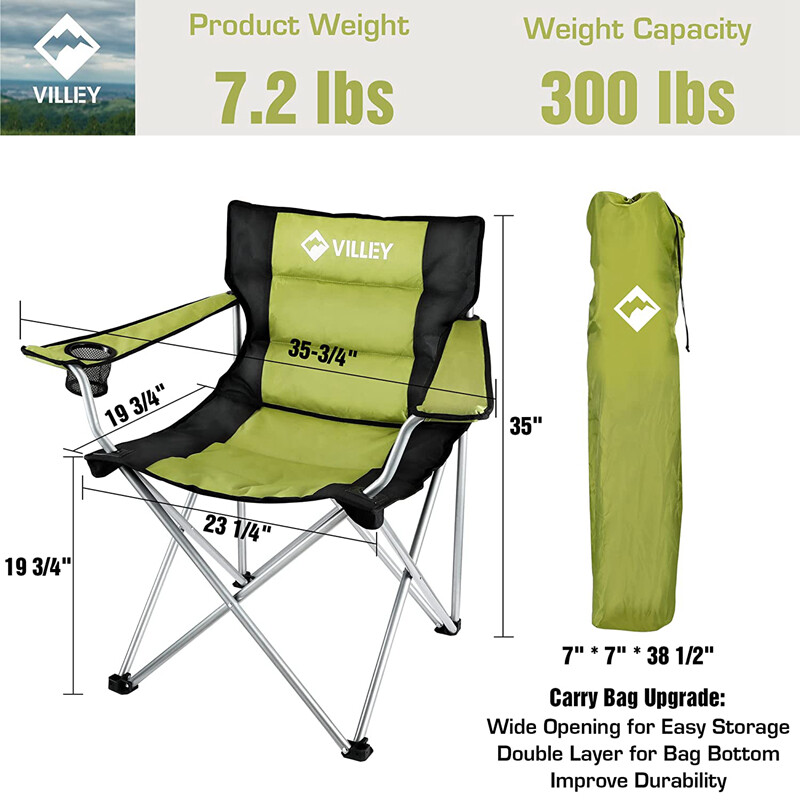 VILLEY Padded Camping Chair Folding Chair Outside High Arm Lawn Chair Seat Green