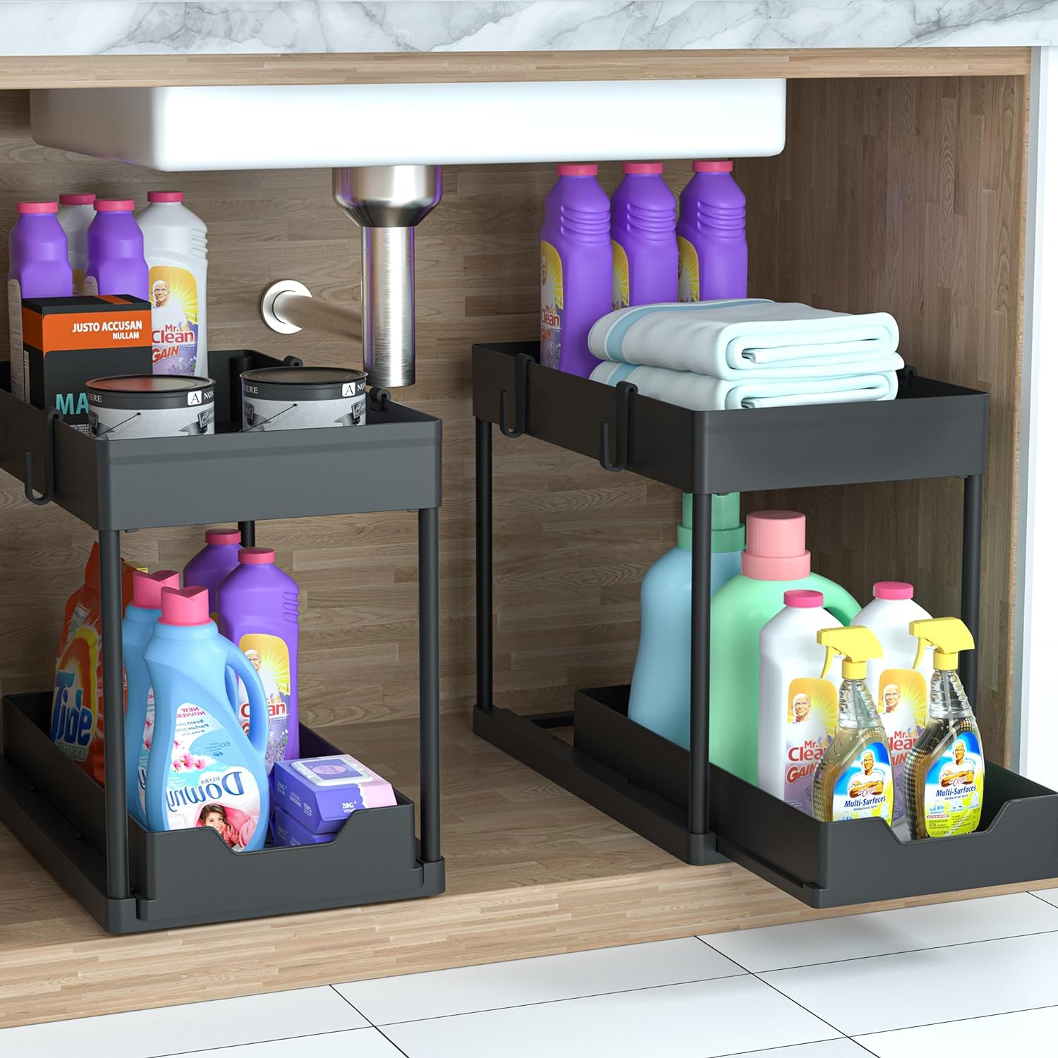 Under Sink Organizer 2 Pack,2 Tier Slide Out Storage for Kitchen Bathroom | Mult