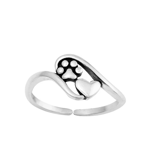 Sterling Silver Heart and Paw Print Adjustable Bypass Toe Ring