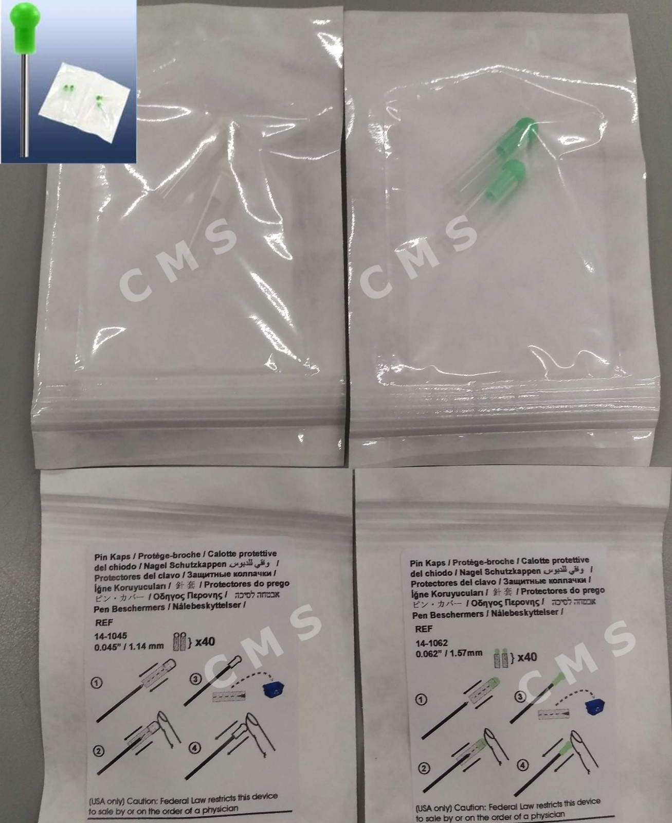 K-Wire Steinmann Pin Caps / Guards 0.062" Green OR 0.045" White 4/PK Sterile USA