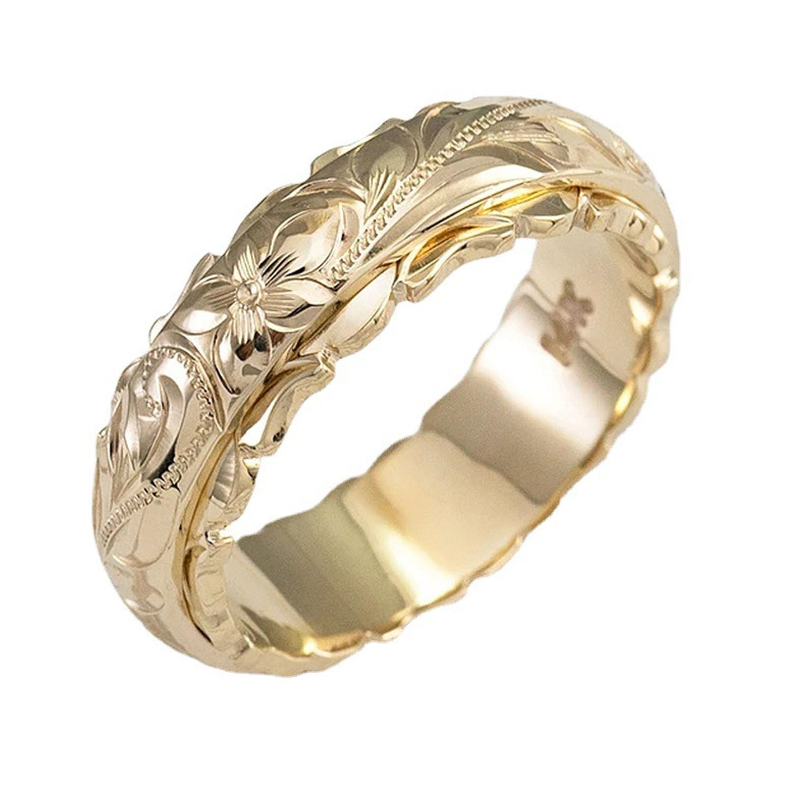 Dainty Engraved Plumeria Flower Ring, 14K Gold Plated Hawaiian Princess Plume...