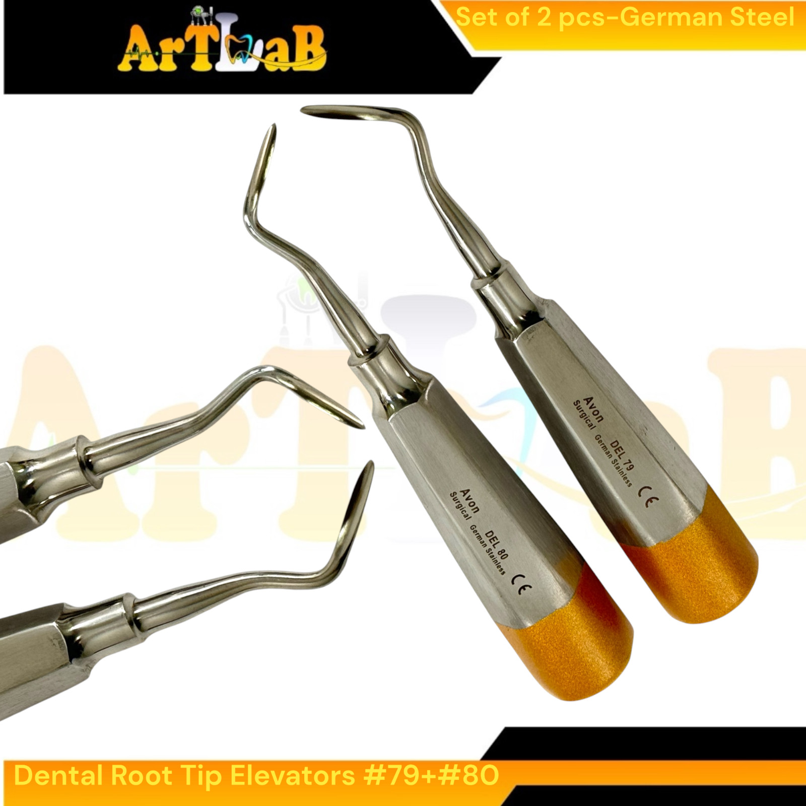 Luxating Root Elevator Set with Angled Sharp Tips, #79 & #80, Hollow, Gold (2pk)