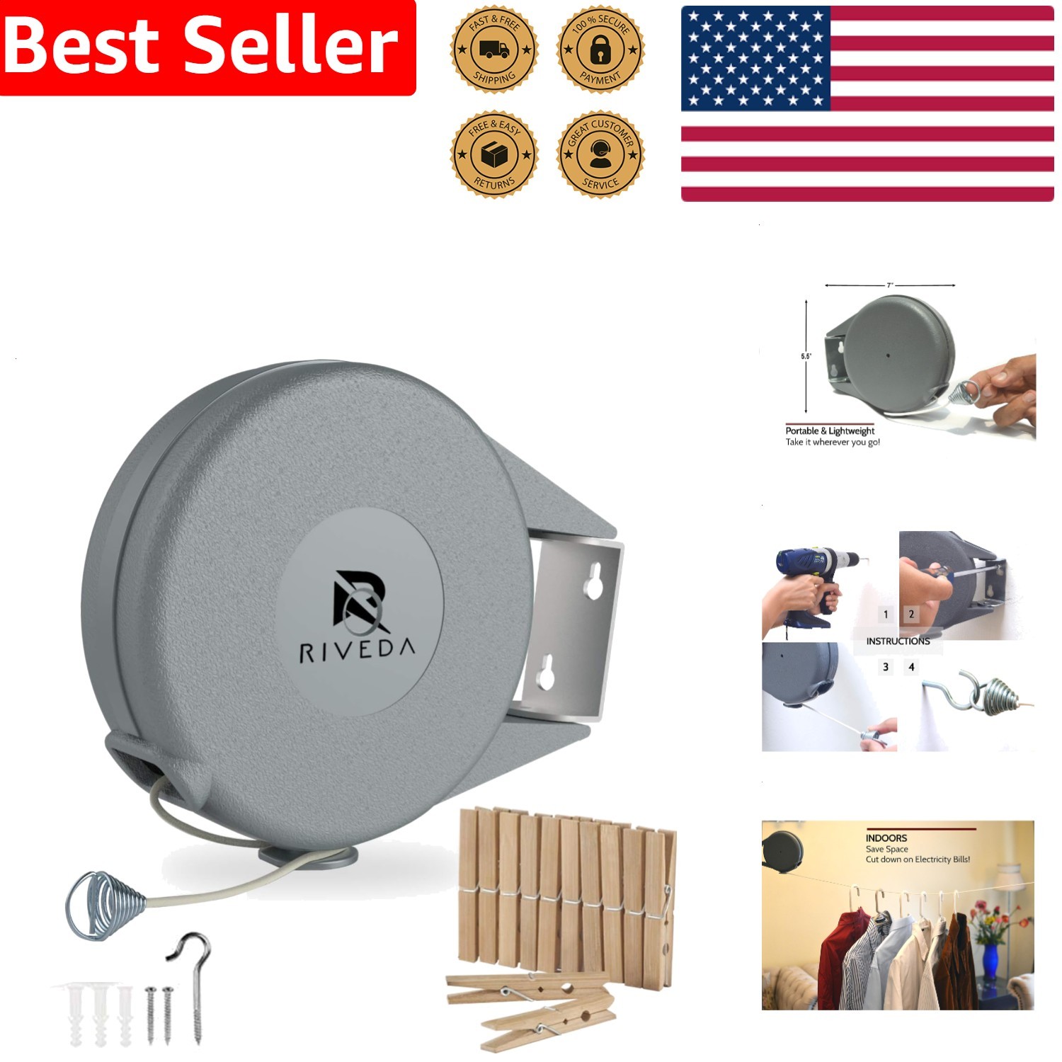45ft Retractable Clothesline - Portable Heavy-Duty Indoor & Outdoor Drying So...