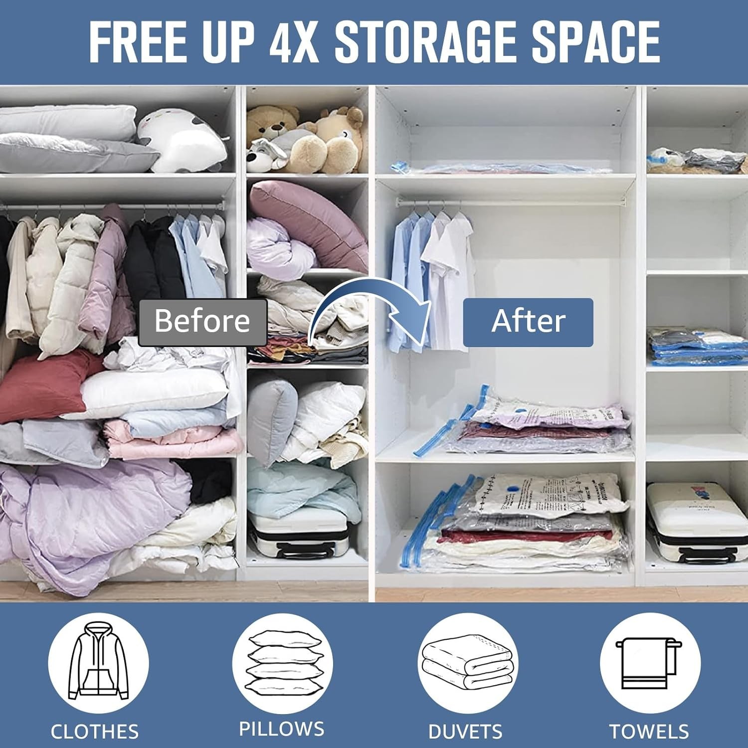 Transparent Compression Bags with Pump - 6 Medium Storage Solutions for Clothing