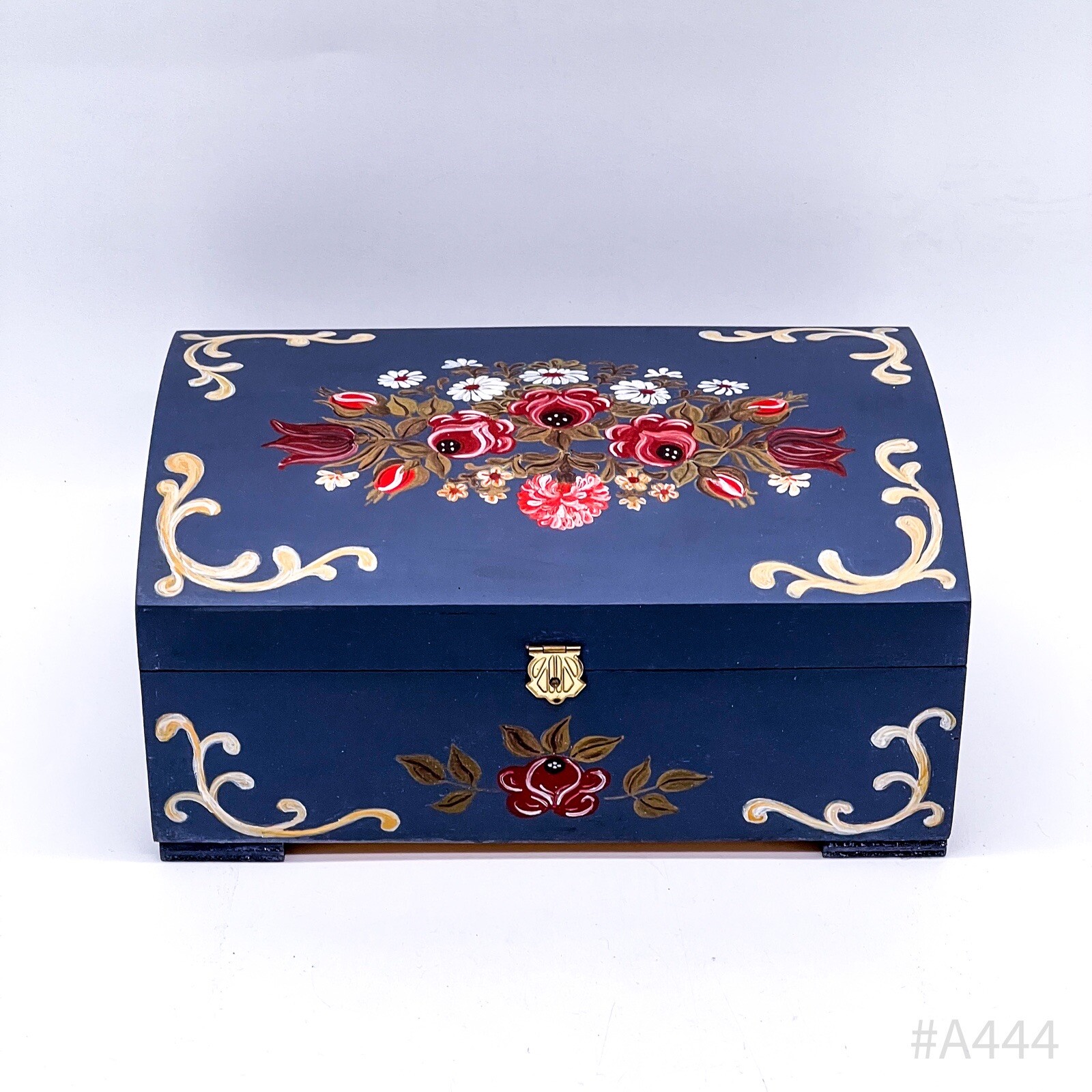 Vintage Wooden Chest with Floral Decor, Hand Painted Blue | 26x17cm