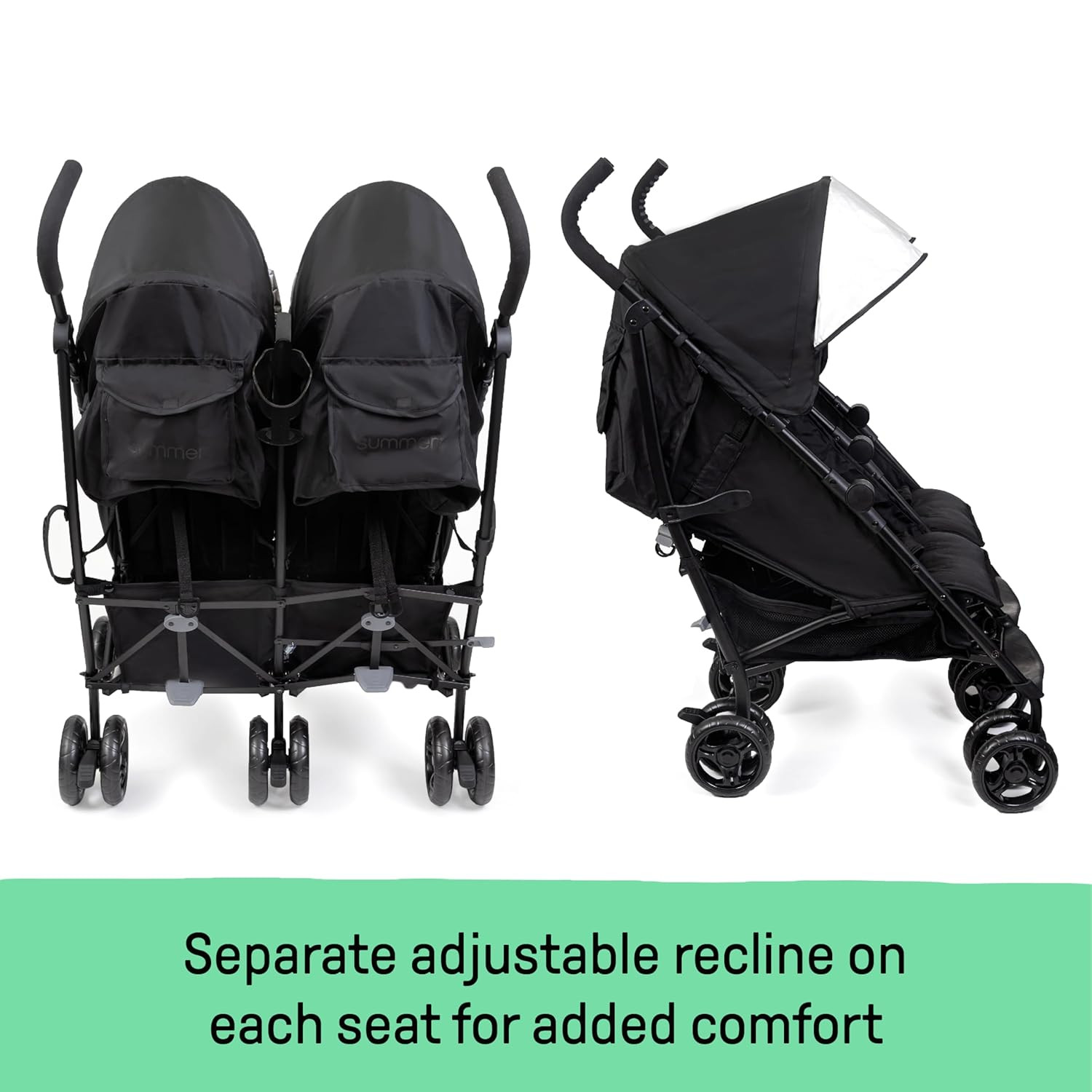 Lightweight 3Dlite Side-by-Side Double Stroller with Safety Harness - Black