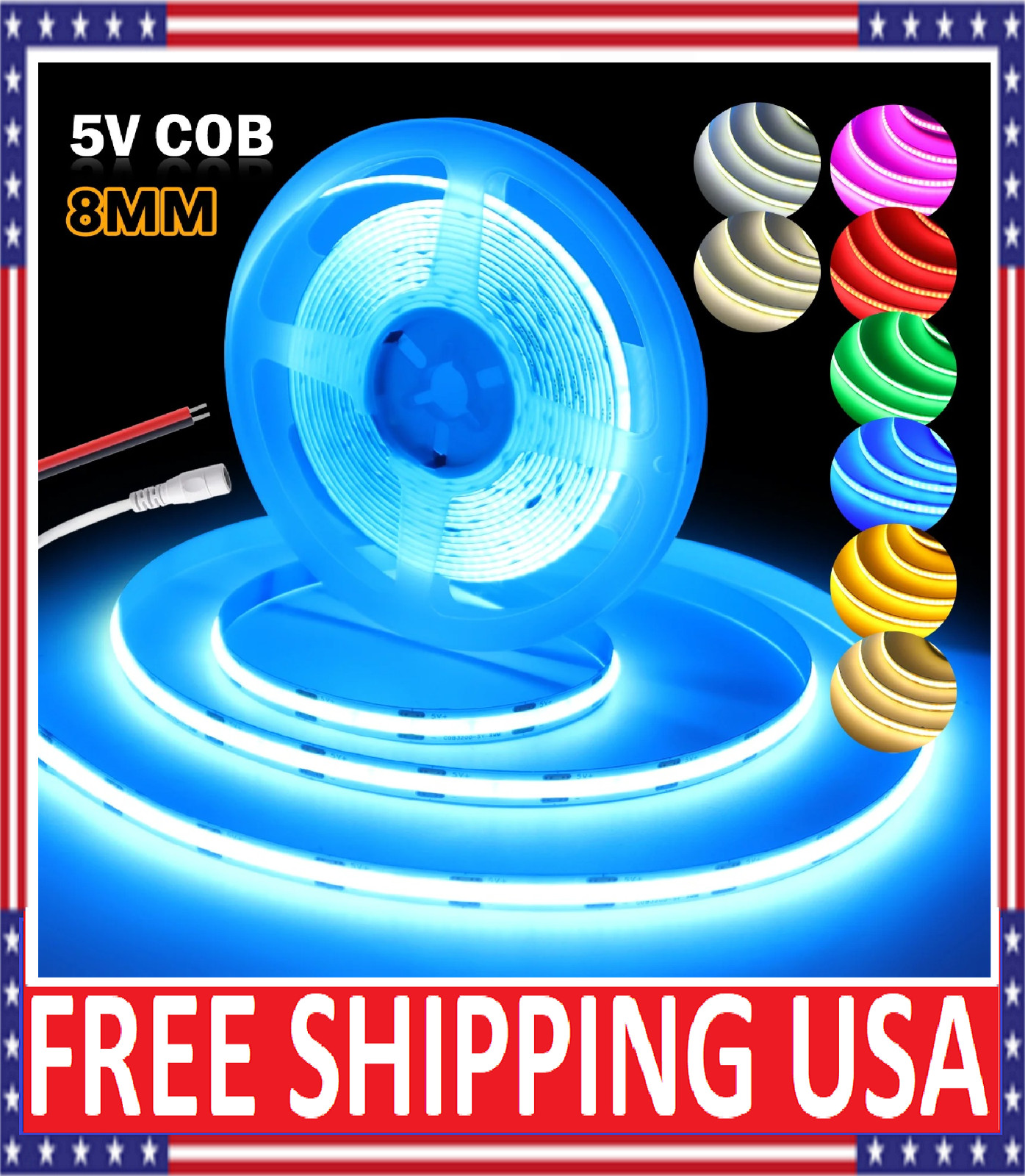 5V COB LED Strip Light 8mm 320LEDs/M High Density Flexible Tape White/Red/Blue