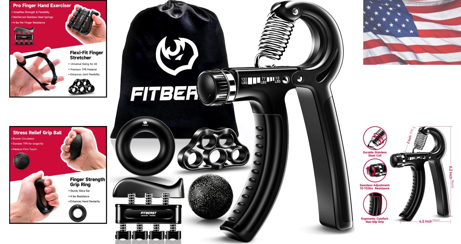Rubber Hand Grip Kit - 5 Pack Adjustable 10-132lbs for Optimal Strength
