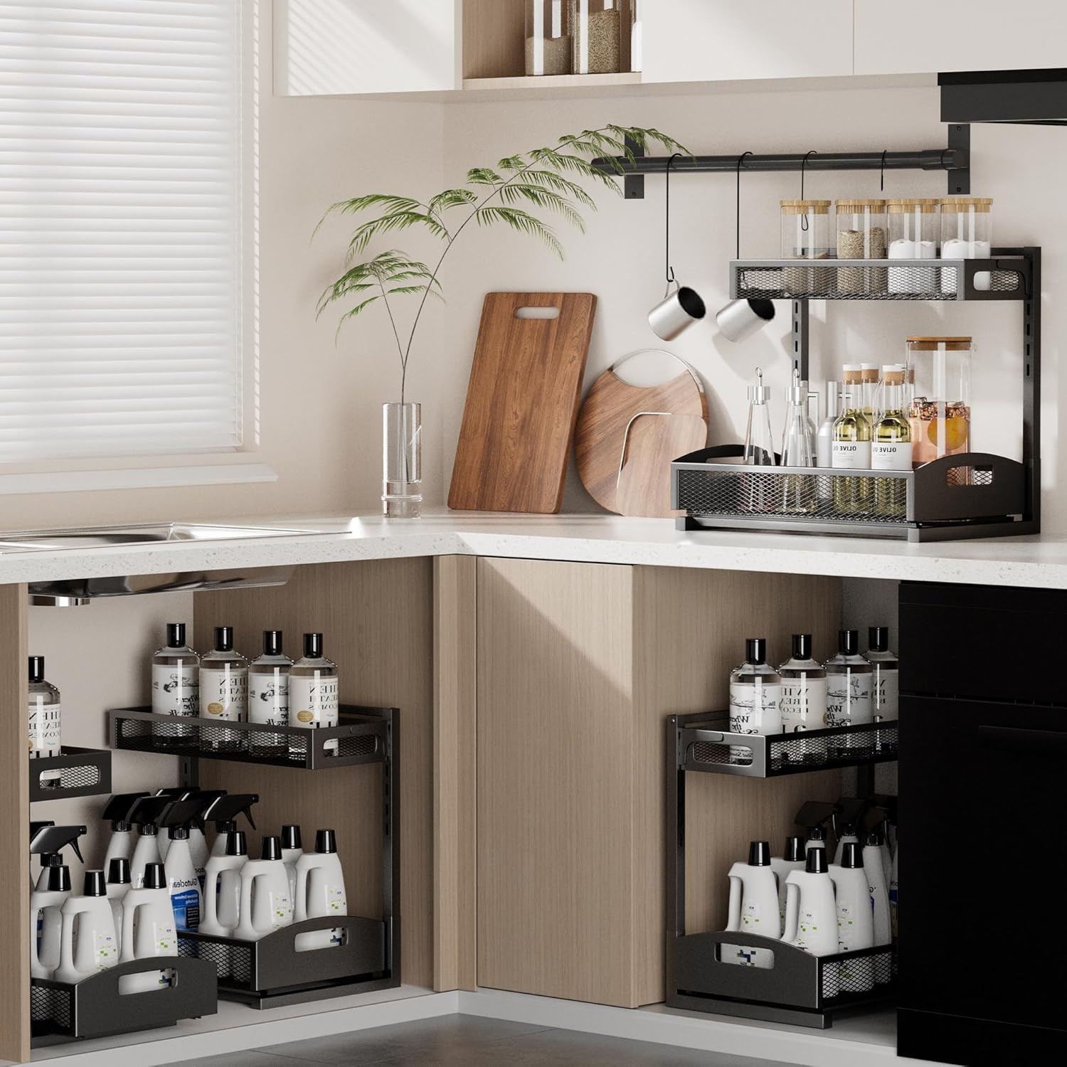 Height Adjustable Under Sink Organizer - 2 Pack Storage for Kitchen & Bathroom