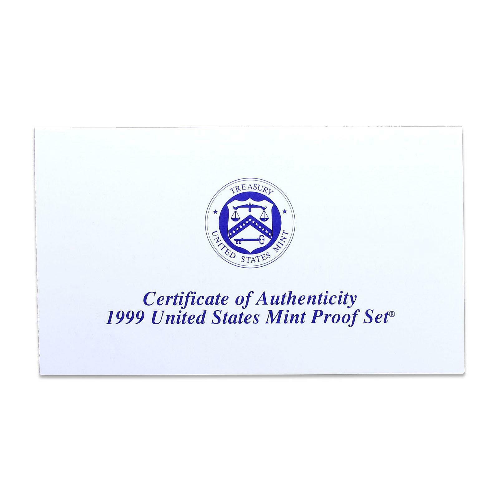 1999 S Proof Set Original Box & COA 9 Coins CN-Clad